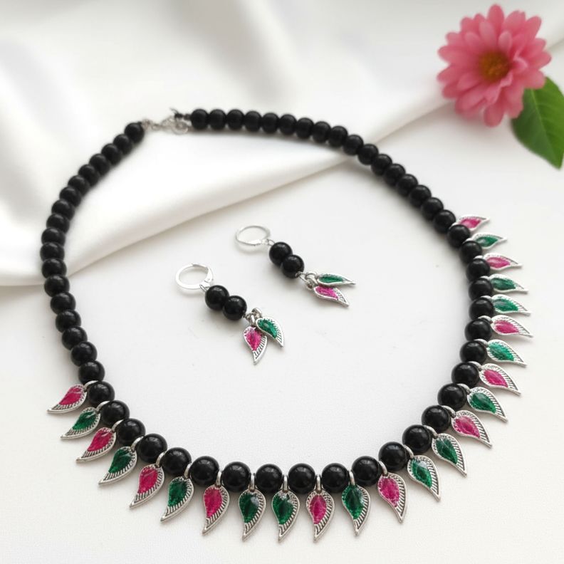 Saaj: Black Beads and Mango Motif Necklace and Earring Set