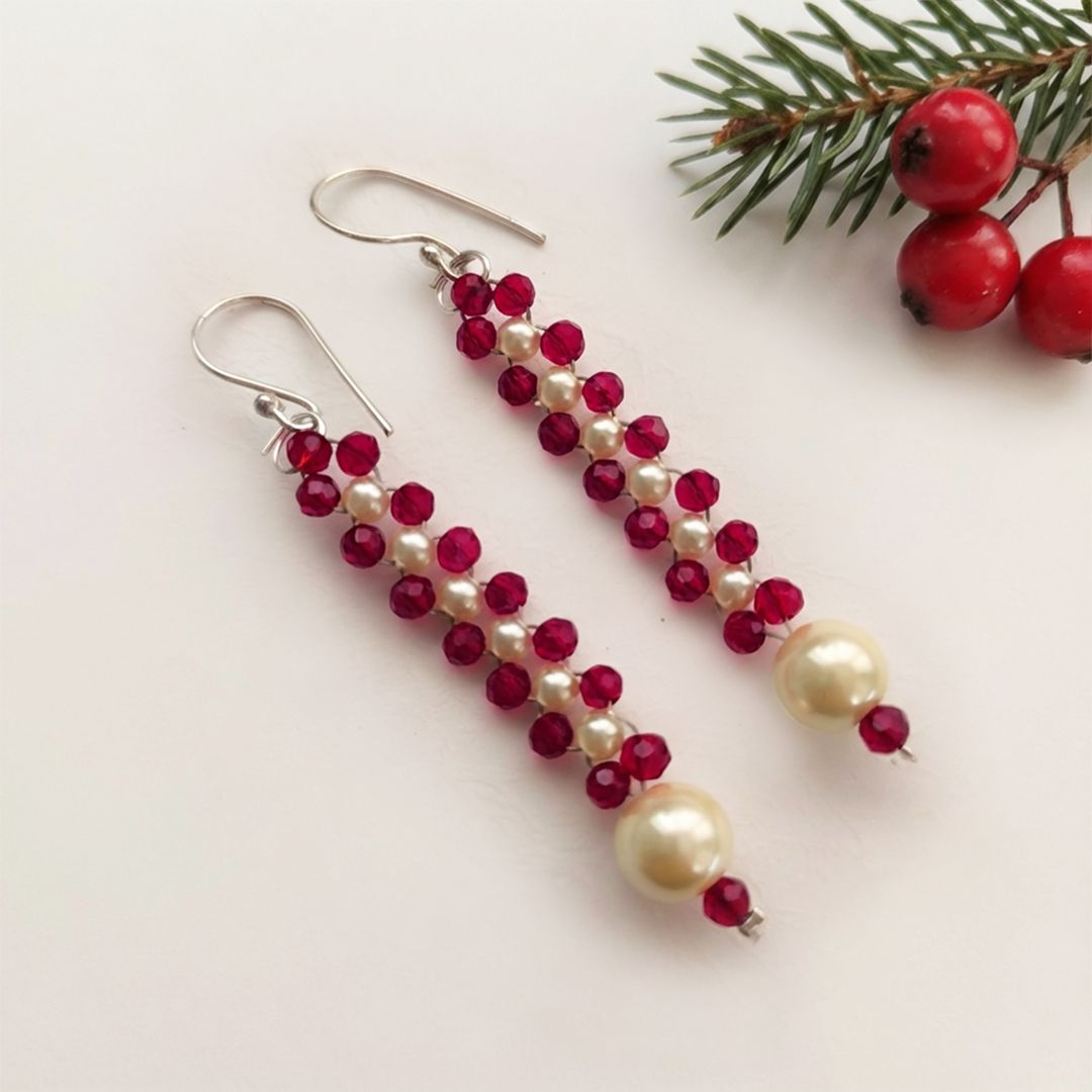Beaded Trail: Red Bead and Pearl Earring