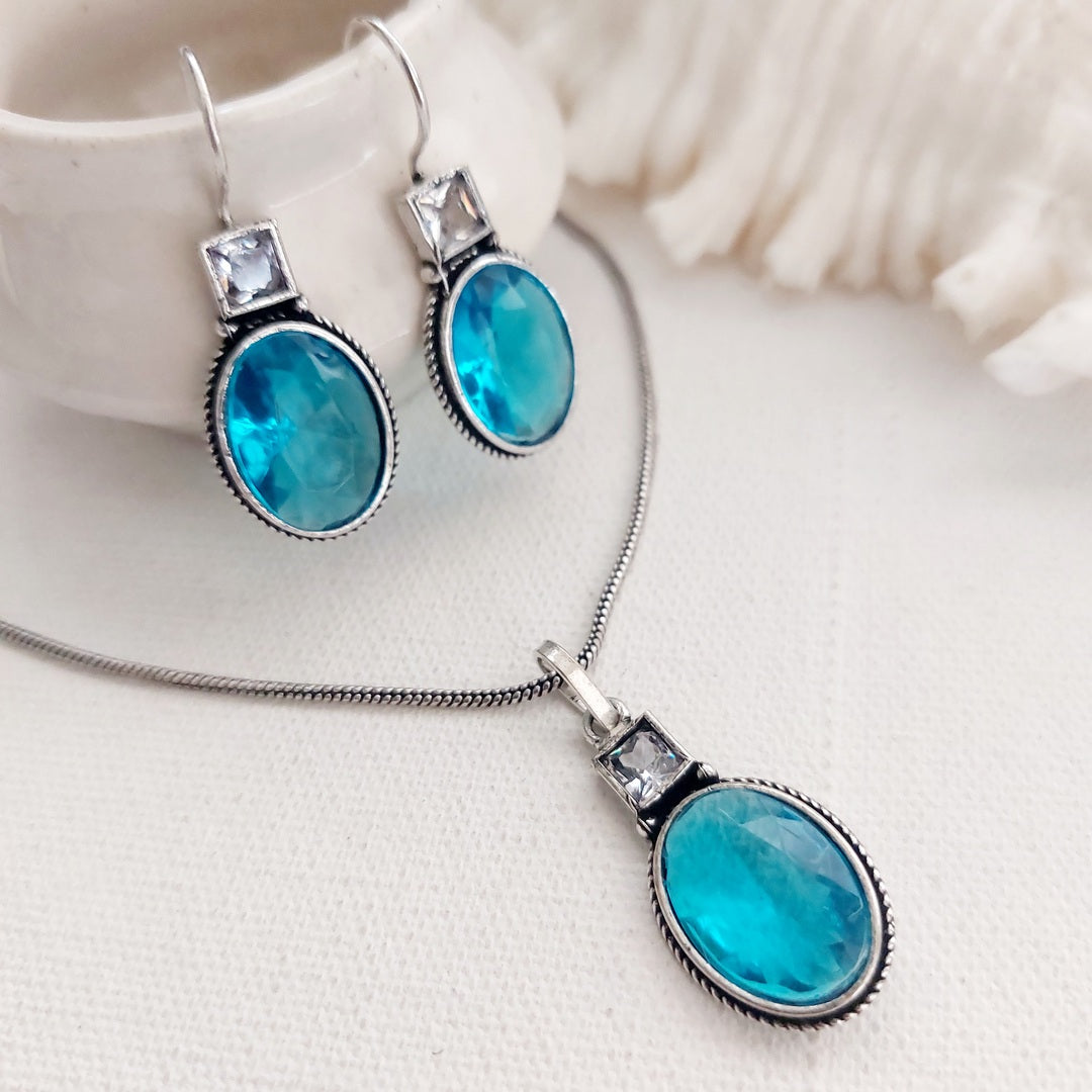 Aqua Sky: Silver Toned Pendant and Earring Set