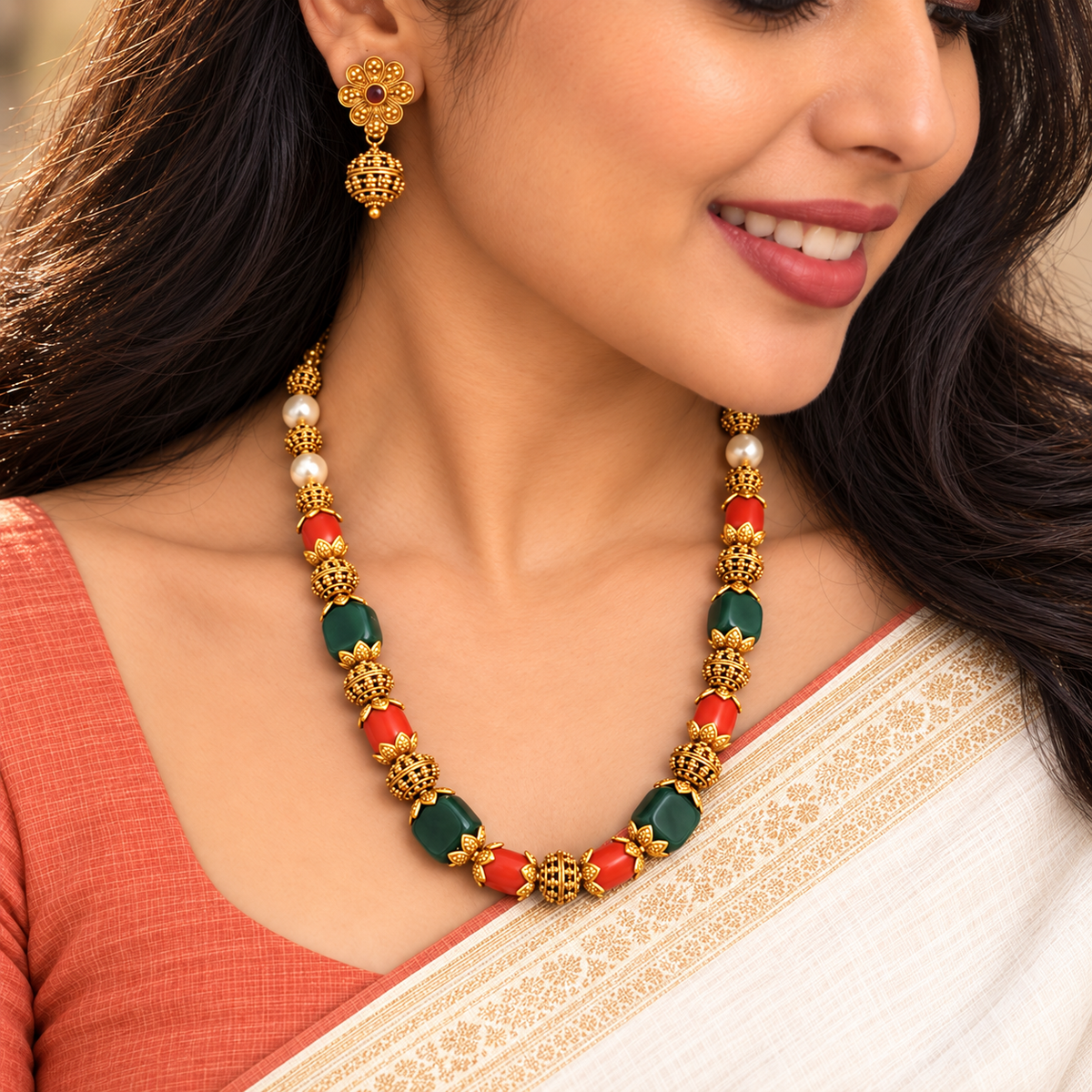 Kalyani: Gold Toned Green Bead and Coral Bead Necklace and Earring Set
