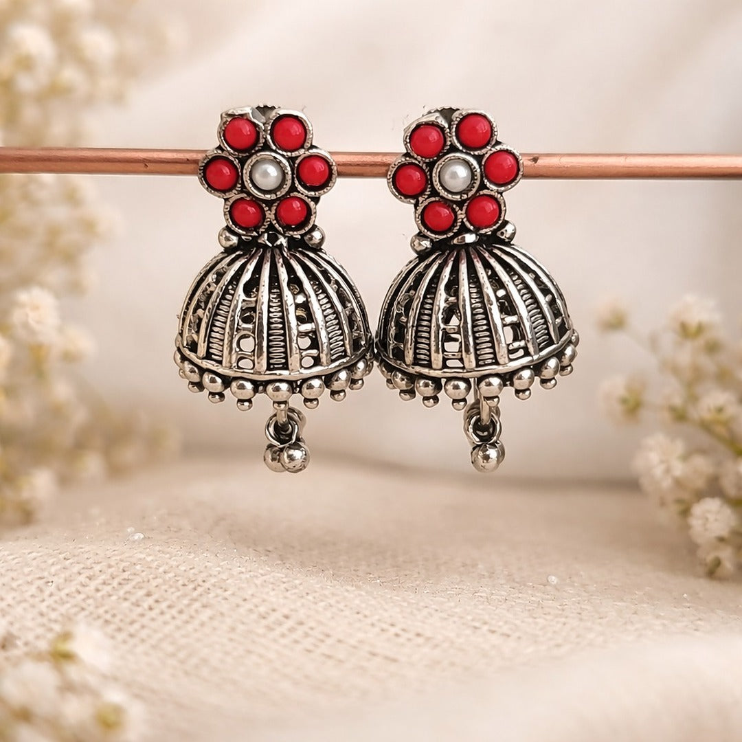 Arohi: Coral Red and Pearl Silver Toned Jhumka