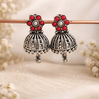 Arohi: Coral Red and Pearl Silver Toned Jhumka