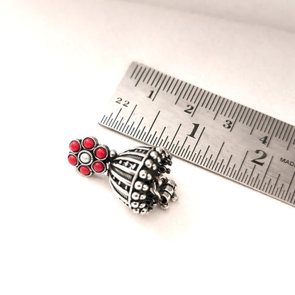 Arohi: Coral Red and Pearl Silver Toned Jhumka
