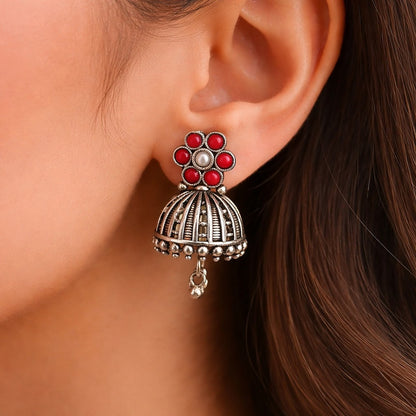 Arohi: Coral Red and Pearl Silver Toned Jhumka