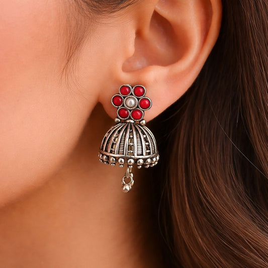 Arohi: Coral Red and Pearl Silver Toned Jhumka