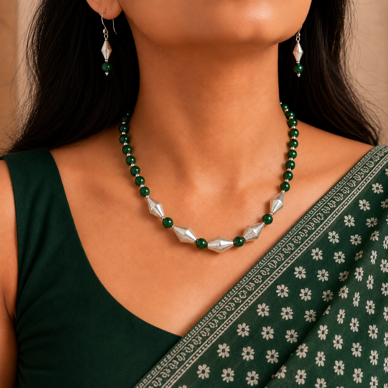 Dholki Royale: Dholki Bead Necklace and Earring Set with Green Beads