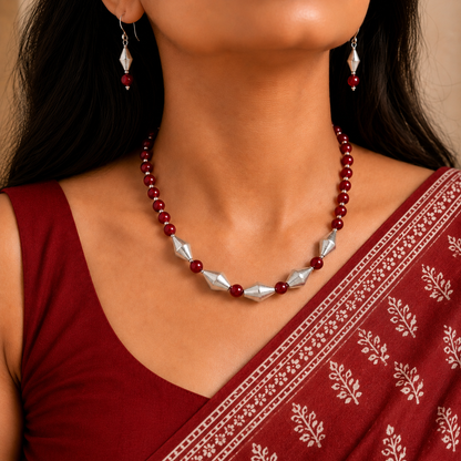 Dholki Royale: Dholki Bead Necklace and Earring Set with Red Beads