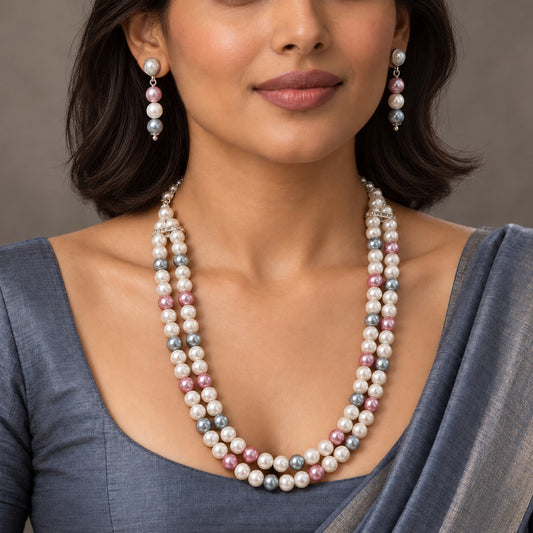 Pearl Sonata– Tri-Color Layered Pearl Necklace and Earring Set