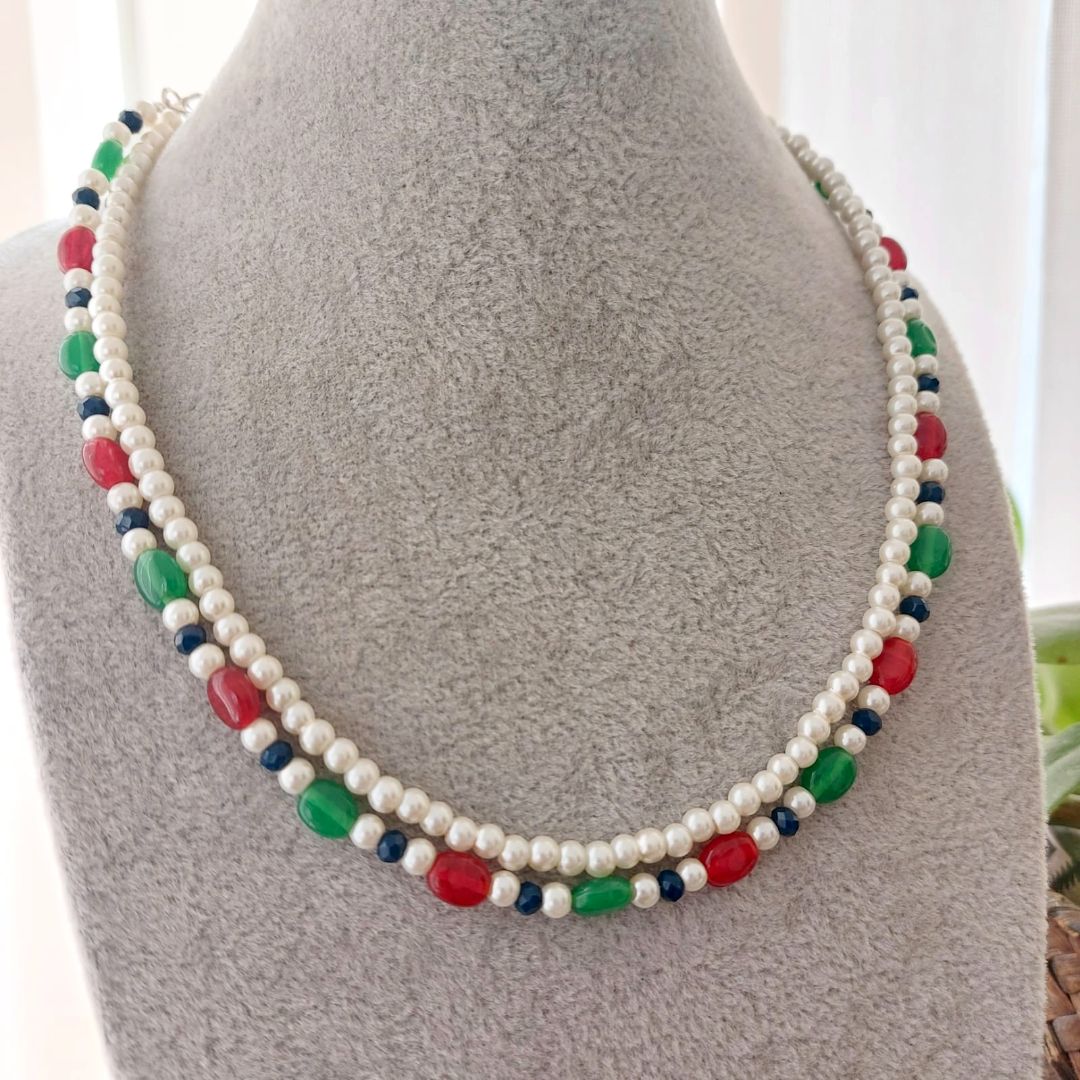 Tri-Color Layered Pearl Beaded Necklace Set