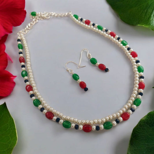 Tri-Color Layered Pearl Beaded Necklace Set