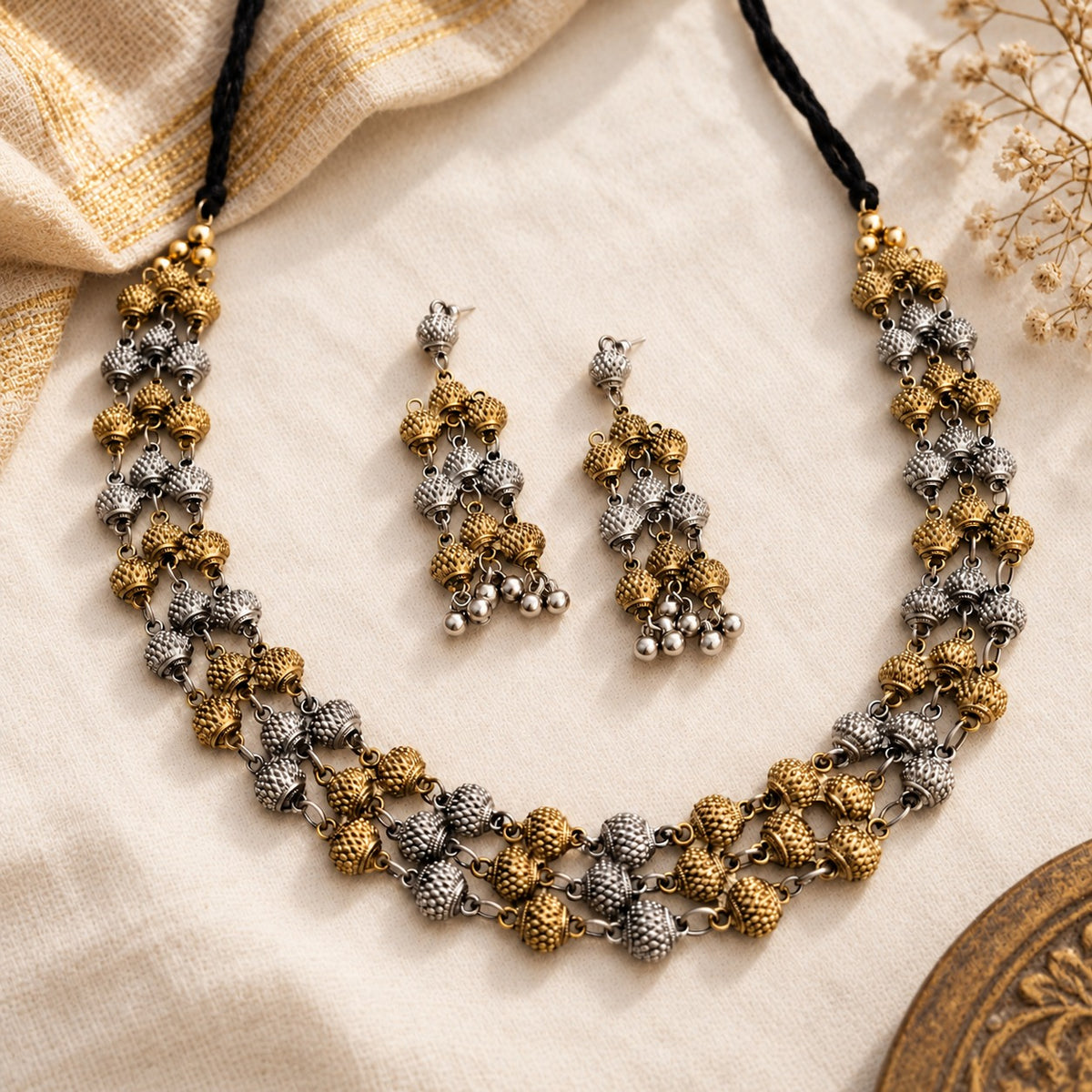 Samyukta: Dual Tone Layered Statement Necklace and Earring Set