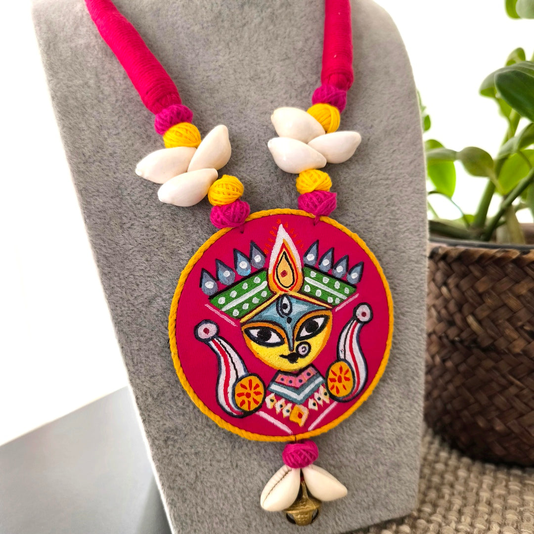 Divine Durga: Handpainted Fabric Necklace and Earring Set