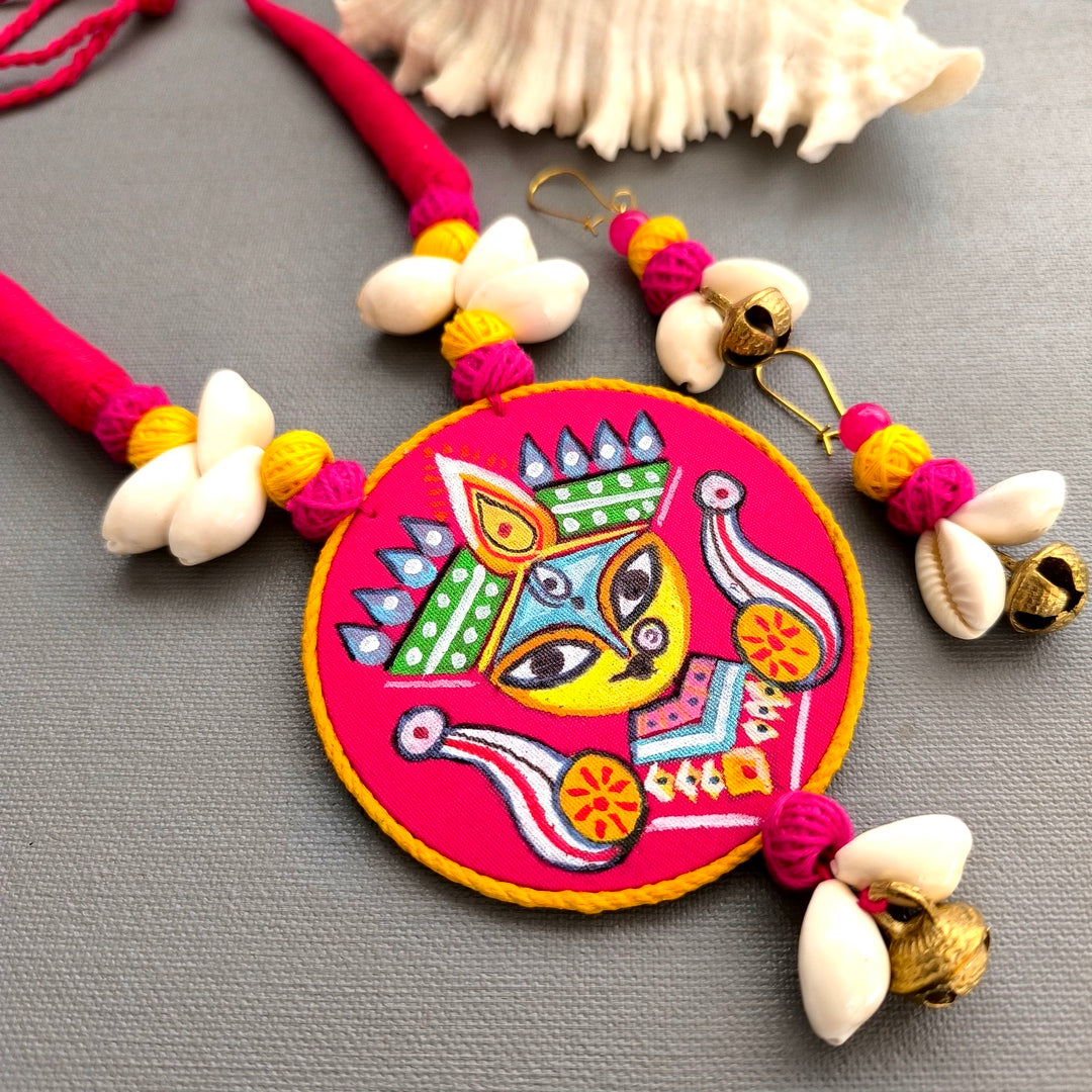 Divine Durga: Handpainted Fabric Necklace and Earring Set