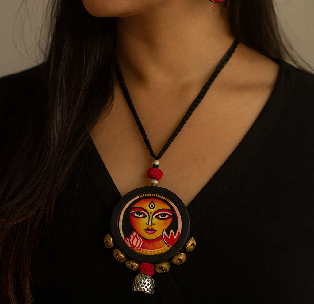 Trinetra: Handcrafted Divine Durga Pendant Teracotta Necklace and Earring Set