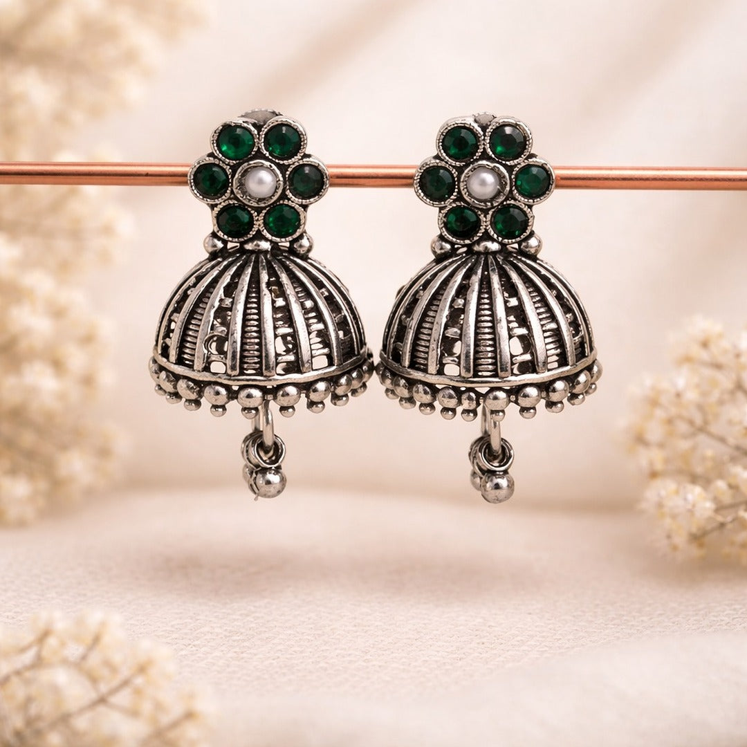 Arohi: Emerald Green and Pearl Silver Toned Jhumka