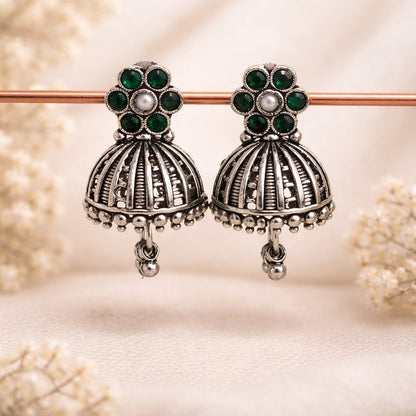 Arohi: Emerald Green and Pearl Silver Toned Jhumka