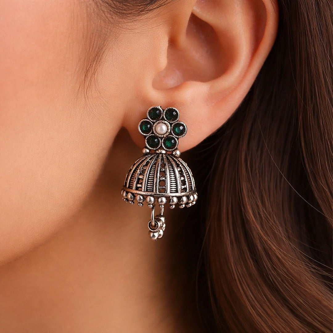 Arohi: Emerald Green and Pearl Silver Toned Jhumka