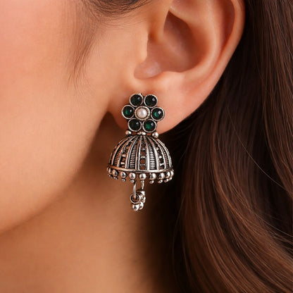 Arohi: Emerald Green and Pearl Silver Toned Jhumka