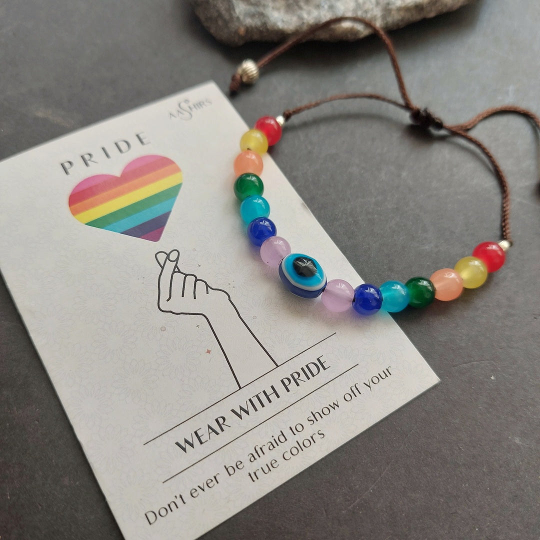 Unity Guardian: Rainbow Pride Band with Tie-Back Thread Adorned with Evil Eye Bead