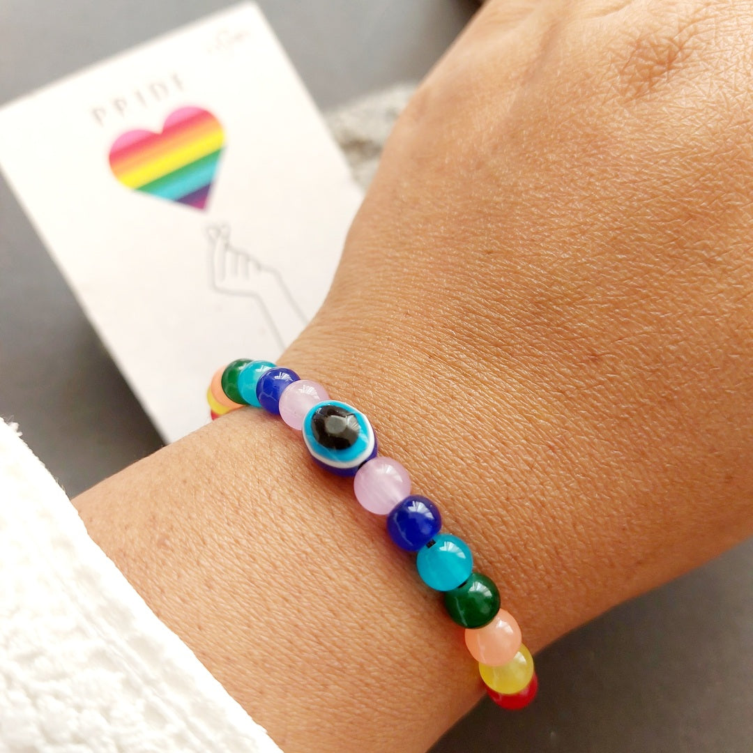 Unity Guardian: Rainbow Pride Band with Tie-Back Thread Adorned with Evil Eye Bead