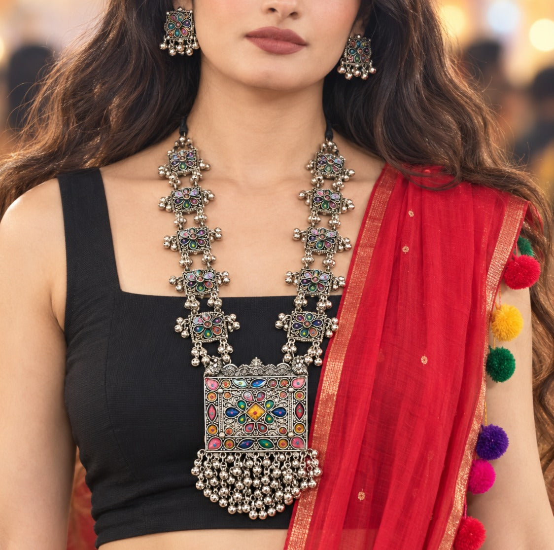 Navras:  Festive Enamel Oxidized Necklace Set