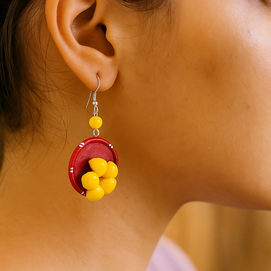 The Fiery Bloom: Clay Earrings with Yellow Flower.
