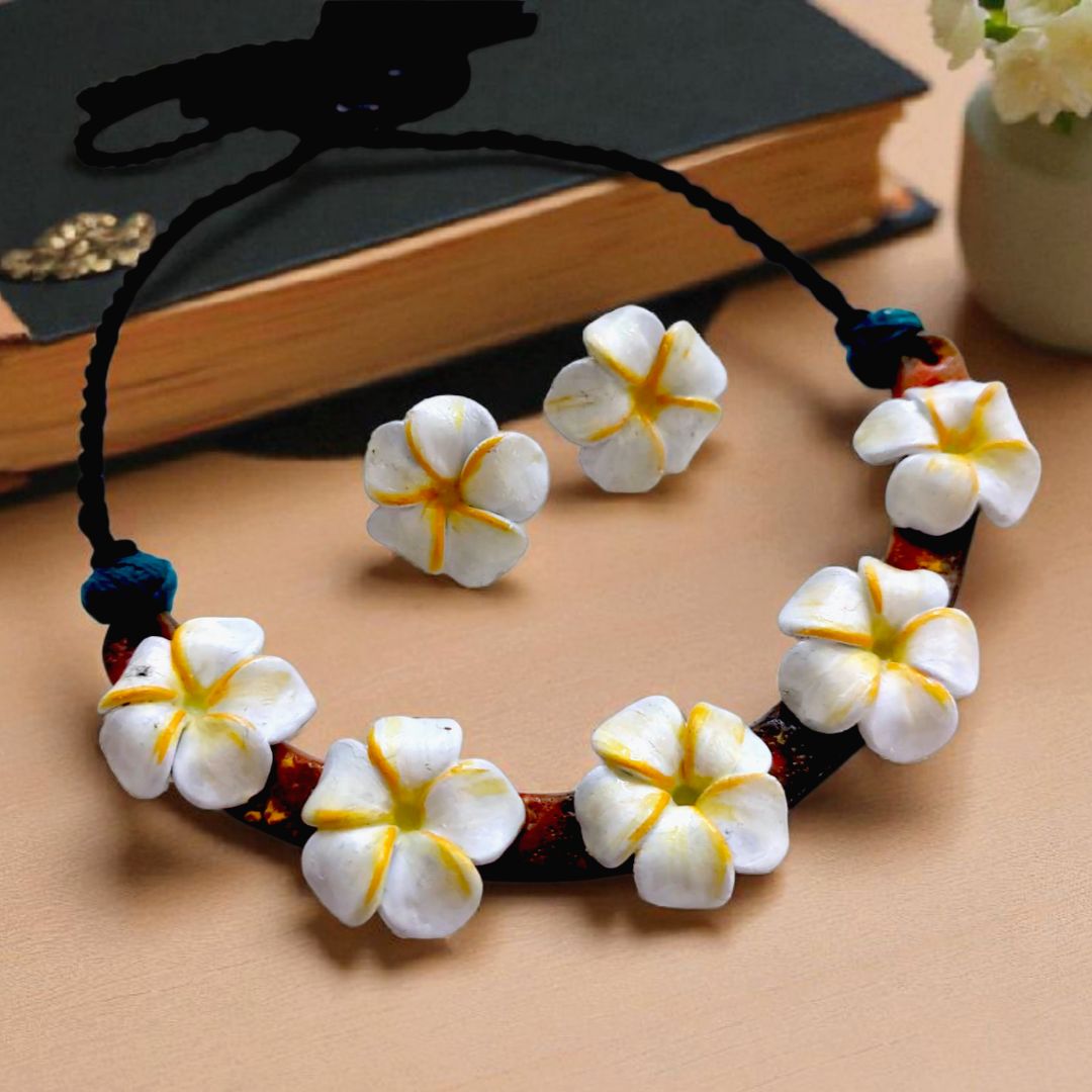Plumeria Bloom: Handcrafted Clay Necklace and Earrings