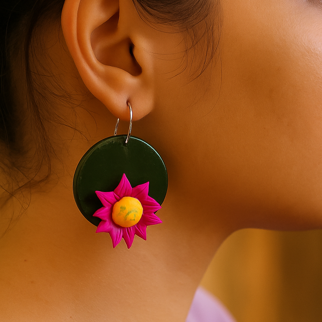 The Forest Bloom: Clay Earrings with Deep Pink Flowers