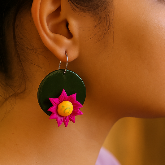 The Forest Bloom: Clay Earrings with Deep Pink Flowers