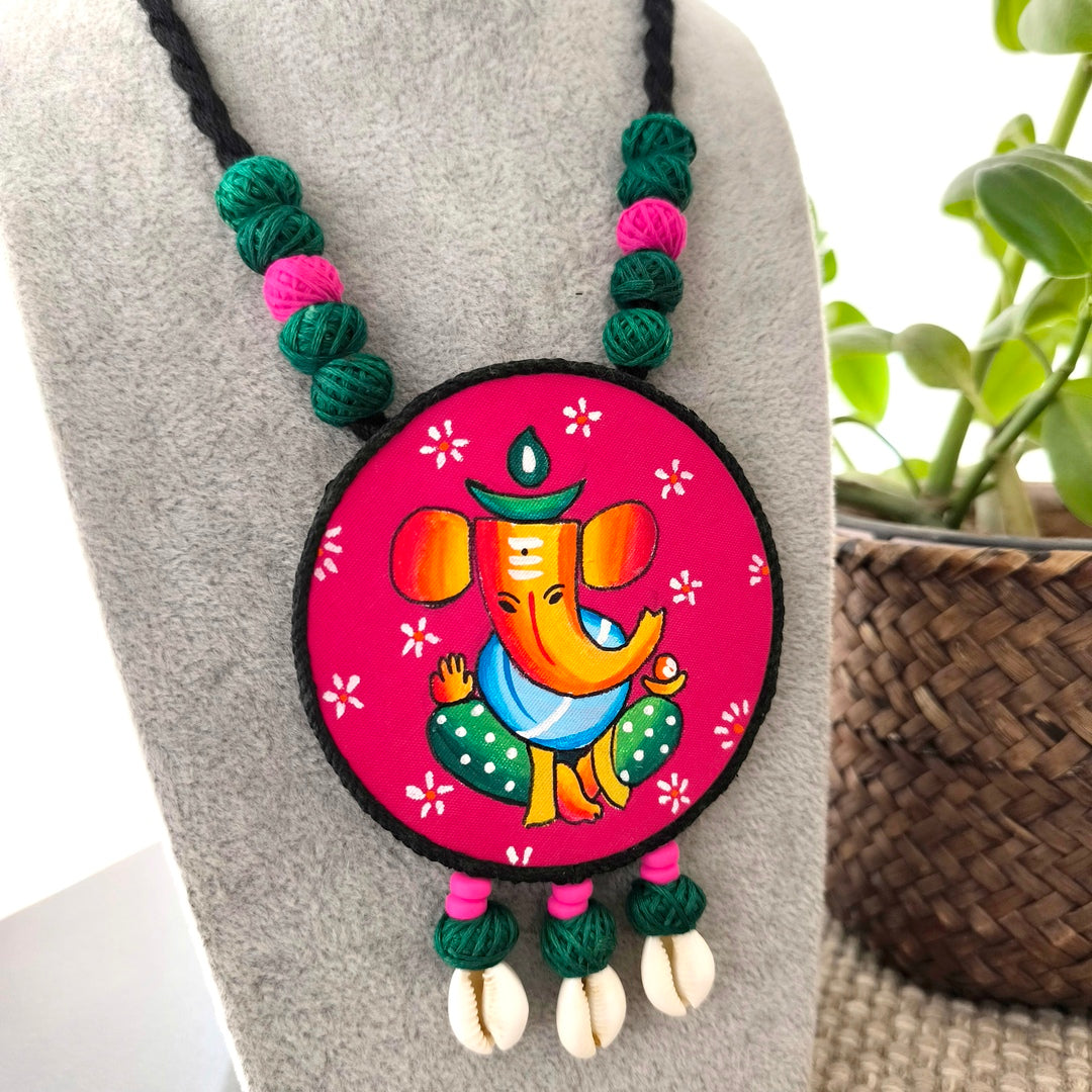 Ganesha's Grace: Handpainted Fabric Ganesha Necklace Set