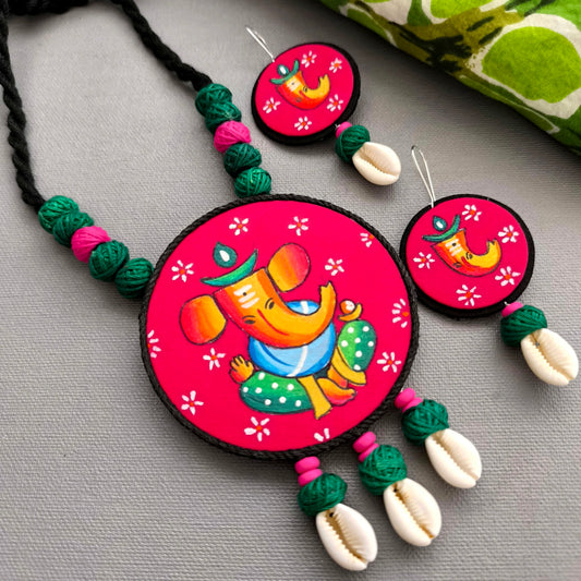 Ganesha's Grace: Handpainted Fabric Ganesha Necklace Set