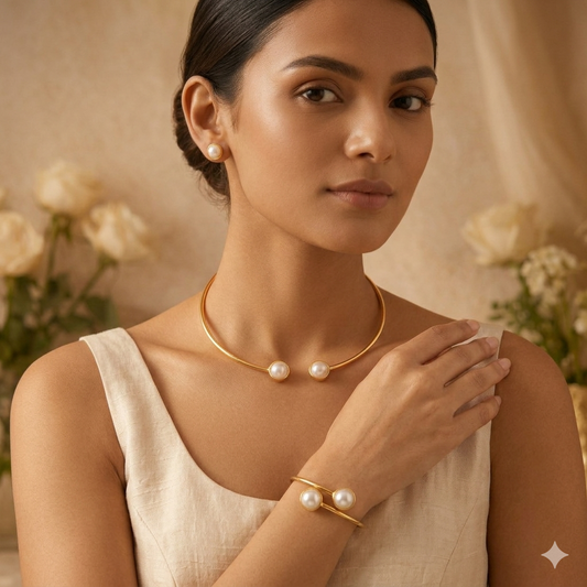 Minimal Pearl Elegance Combo Set: Aurelia necklace Set with Ruhani Bracelet