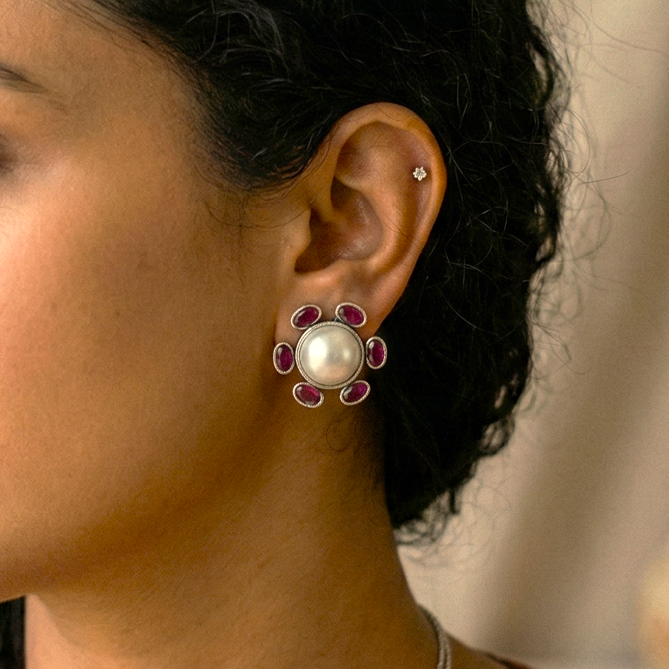 Pearl and Pink Stone Studded Floral Eartops | Stone Studded Earrings