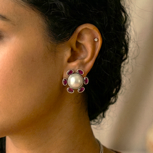Pearl and Pink Stone Studded Floral Eartops | Stone Studded Earrings