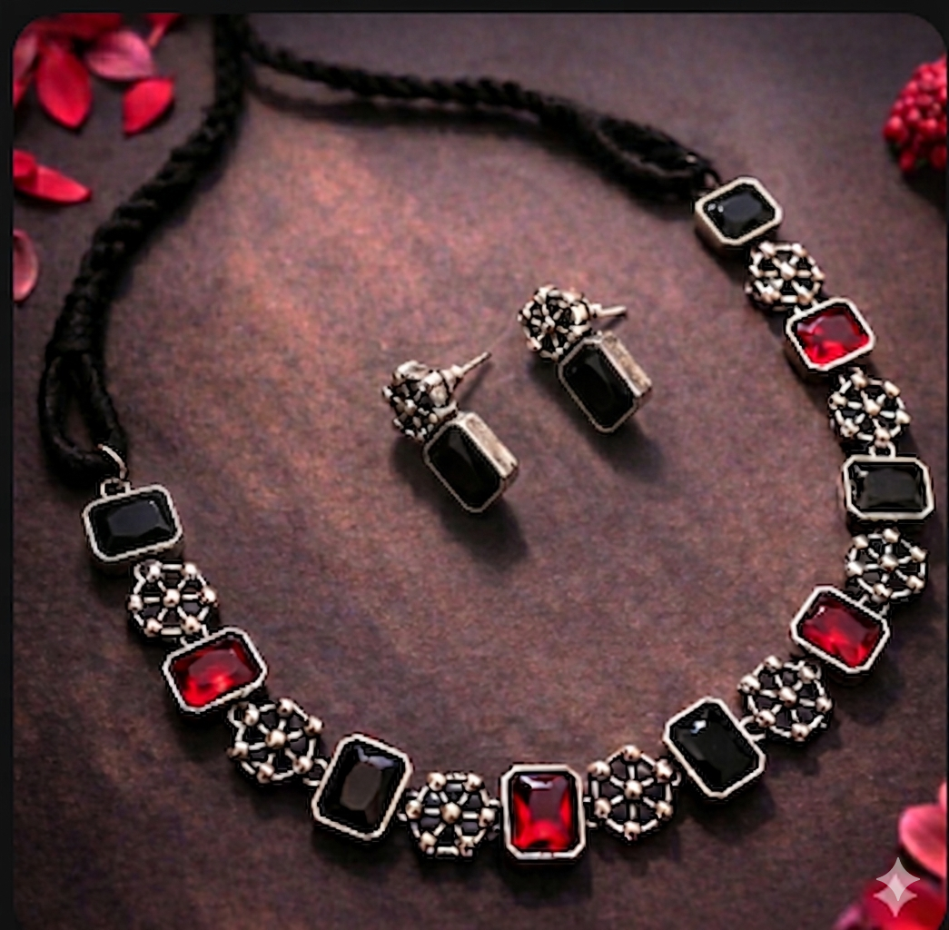 Ethnic Treasure: Black and Red Stone Necklace and Earring Set