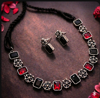 Ethnic Treasure: Black and Red Stone Necklace and Earring Set