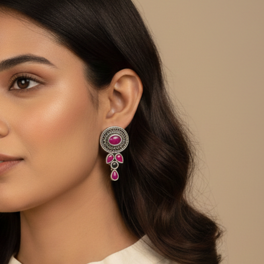Ziva Drops: Majenta Stone Silver Toned Earring