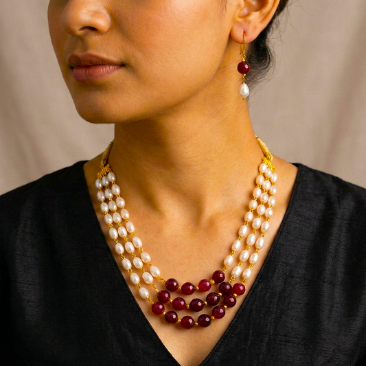 Chandni: Triple Layer Pearl and Ruby Beads Necklace and Earring Set