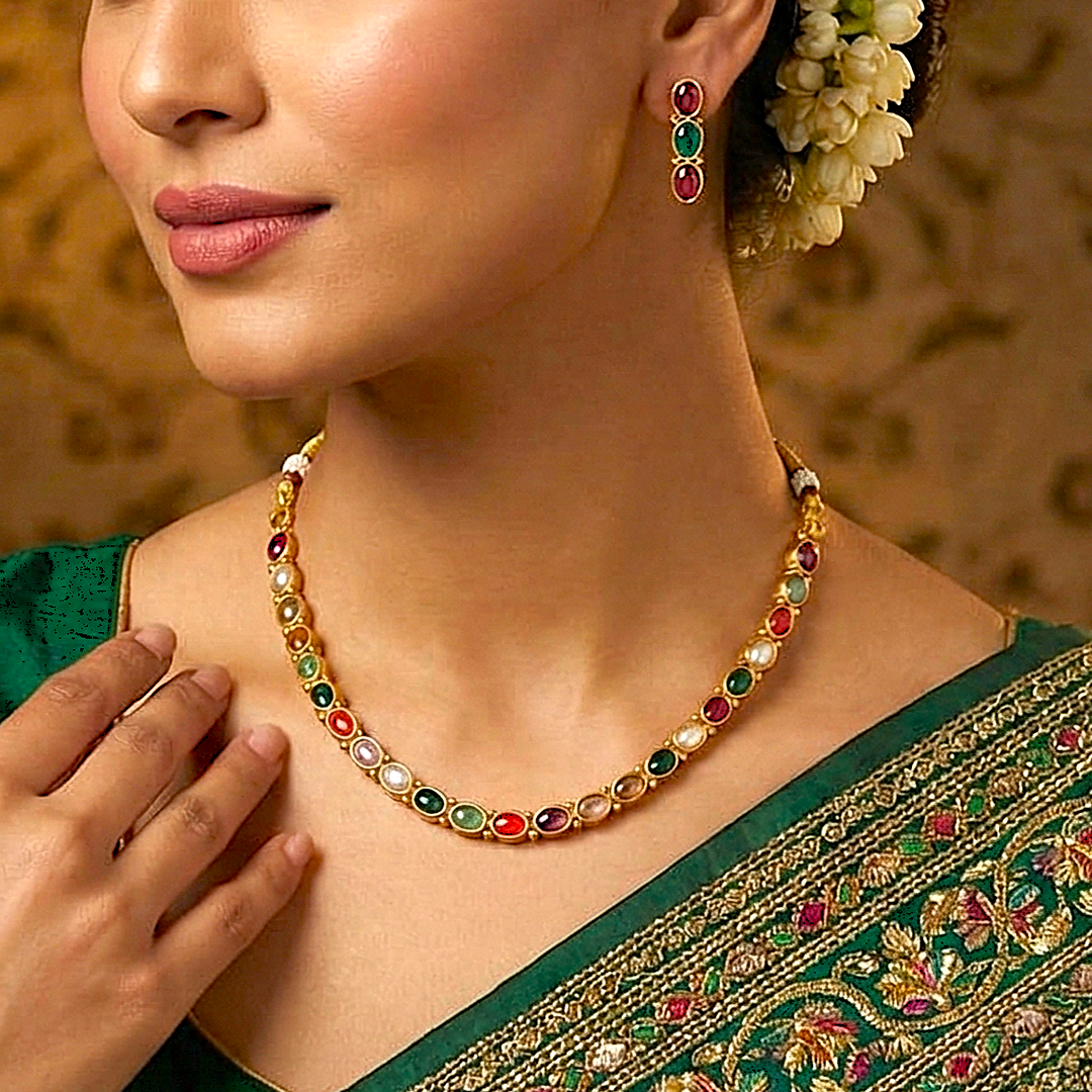 Navratna Royale: Gold Toned Multicolored Necklace and Earring Set