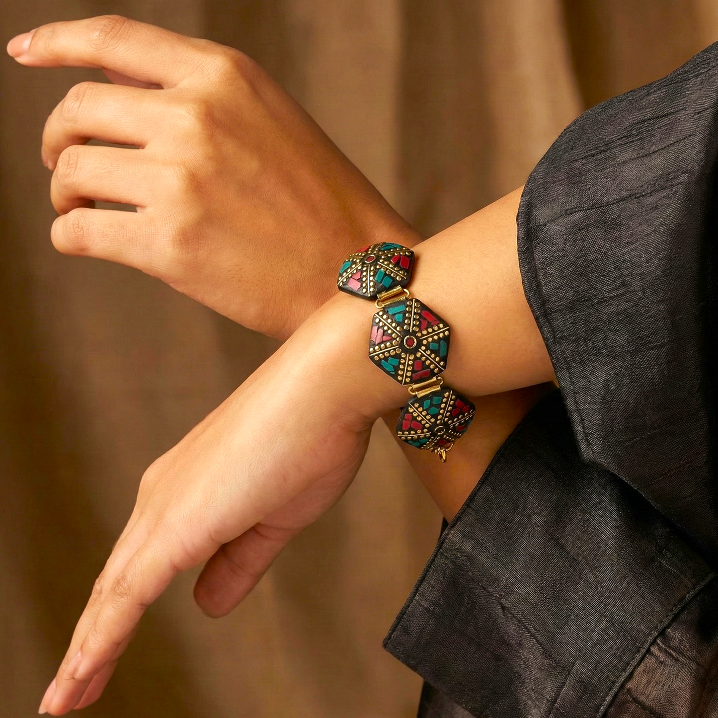 Imperial Link: Turquoise and Coral Hexagonal Brass Bracelet