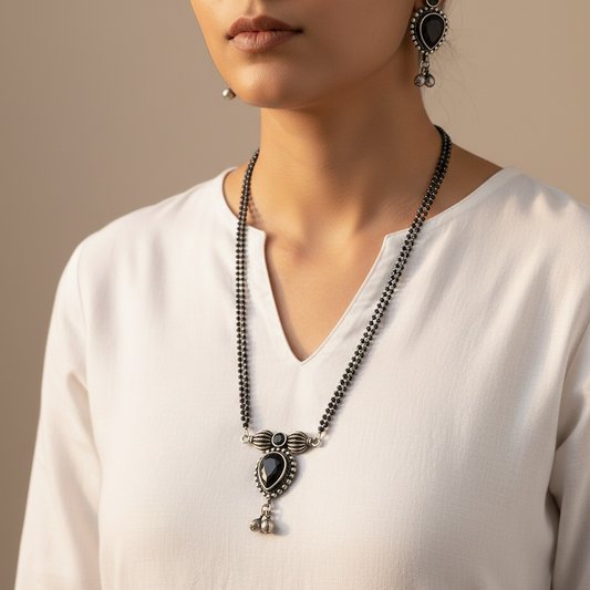 Ishya: Black Stone Double Layered Pendant and Earring set