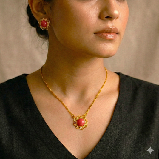 Golden Lotus: Coral Stone Gold Toned Pendant and Earring Set