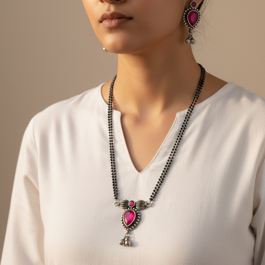 Ishya: Majenta Srone Double Layered Chain Pendant and Earring set