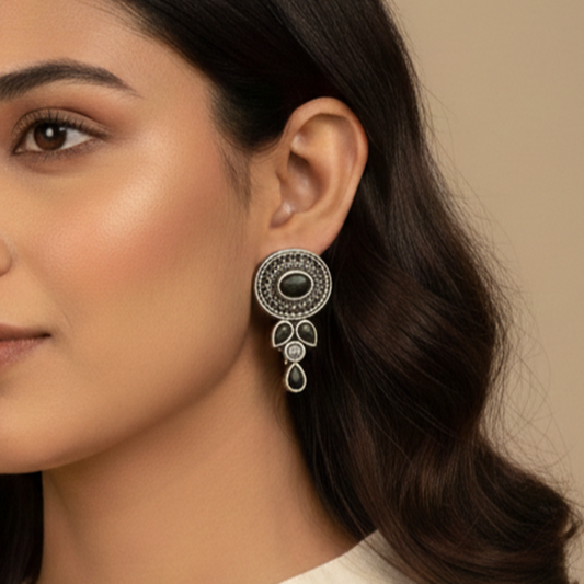 Ziva Drops: Black Stone Silver Toned Earrings