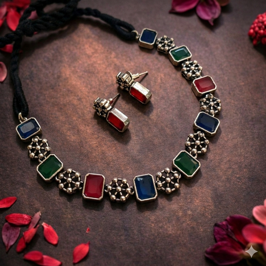 Ethnic Treasure: Green Pink And Blue Stone Necklace