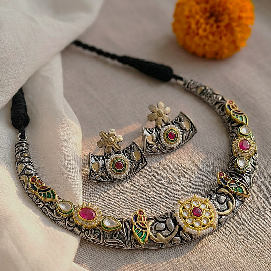 Rajasi: Heritage Inspired Silver Replica Necklace and Earring Set