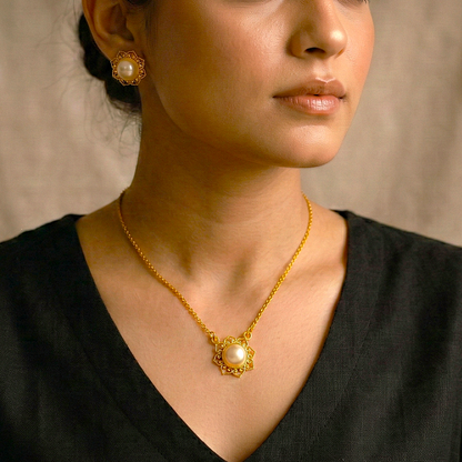 Golden Lotus: Pearl Studded Gold Toned Pendant and Earring Set