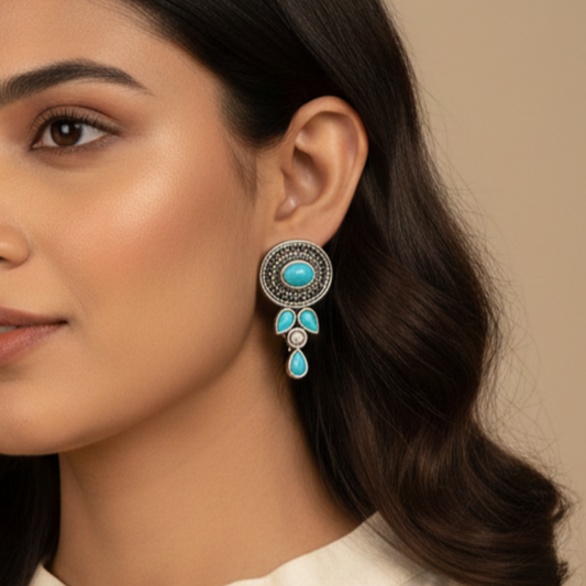 Ziva Drops: Turquoise Stone Silver Toned Earring