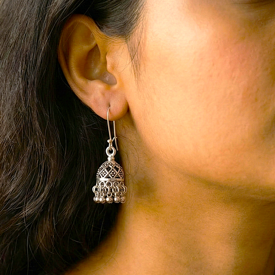 Vaibhava: Silver Toned Carved Hasli Set with Jhumkas