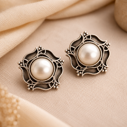 German Silver Pearl Studded Floral Eartop